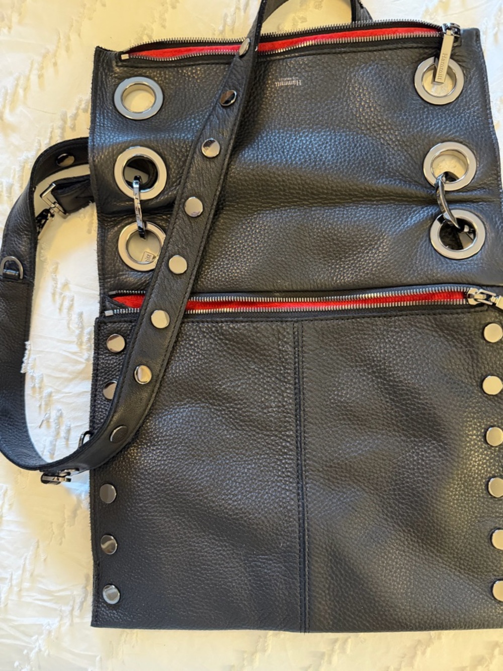 Hammit Black Pebbled / red suede and gunmetal Large TONY bag LIKE NEW gorgeous